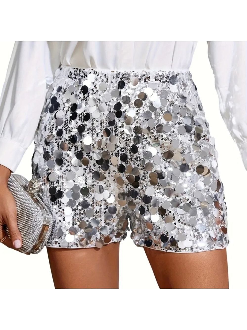 TRÏBE FASHIONS Silver Sequin Women's Shorts Size XL